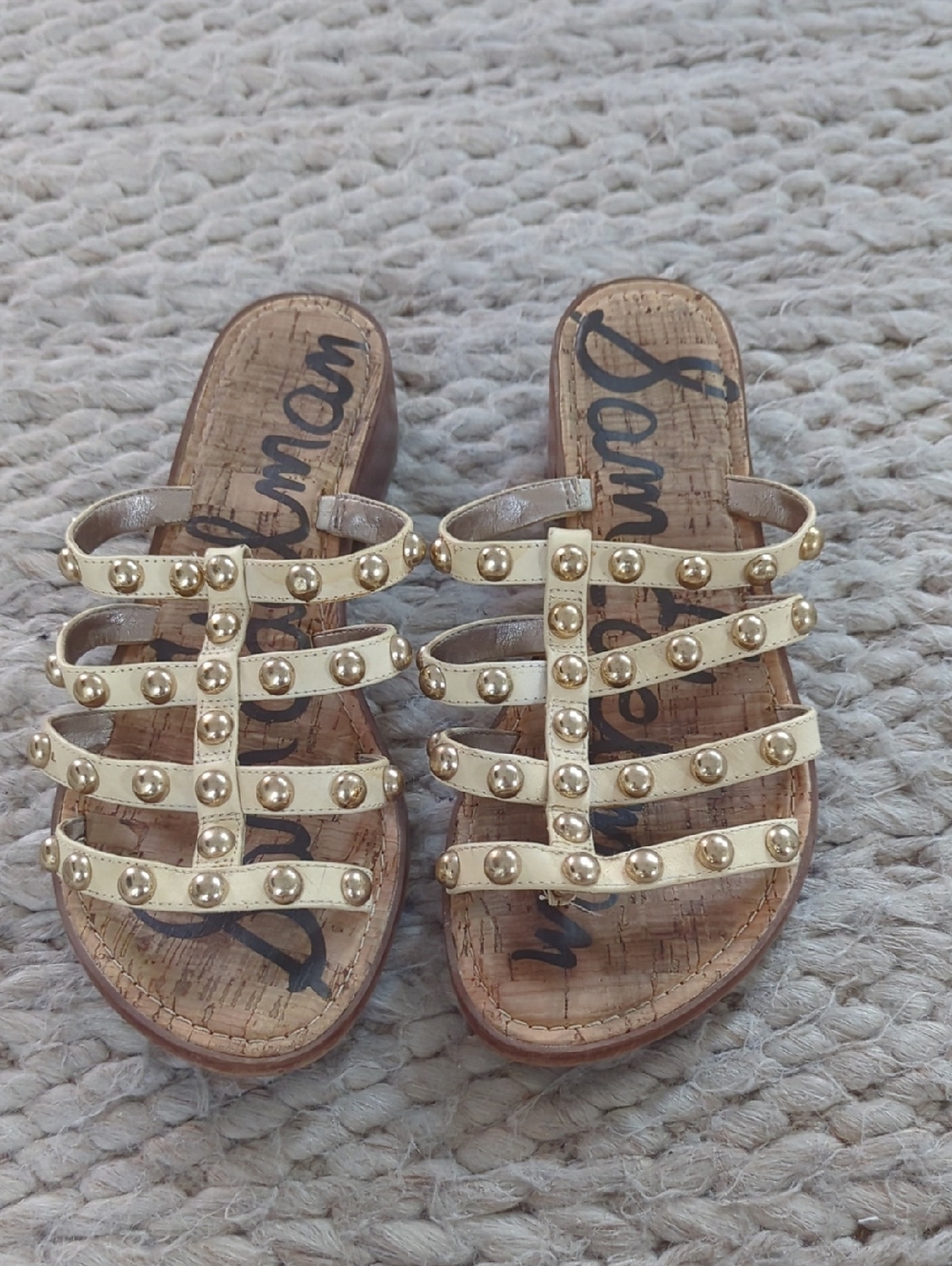 Sam Edelman Metallic Gold Multi-Strap Stud Slide Sandals